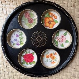 Mid Century Floral Decorative Black Metal Serving Tray
